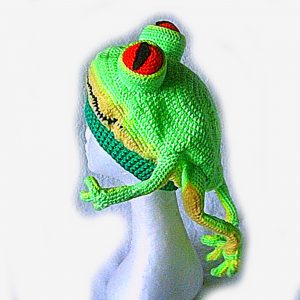 Harriet the handy frog beanie, seen from the left hand side