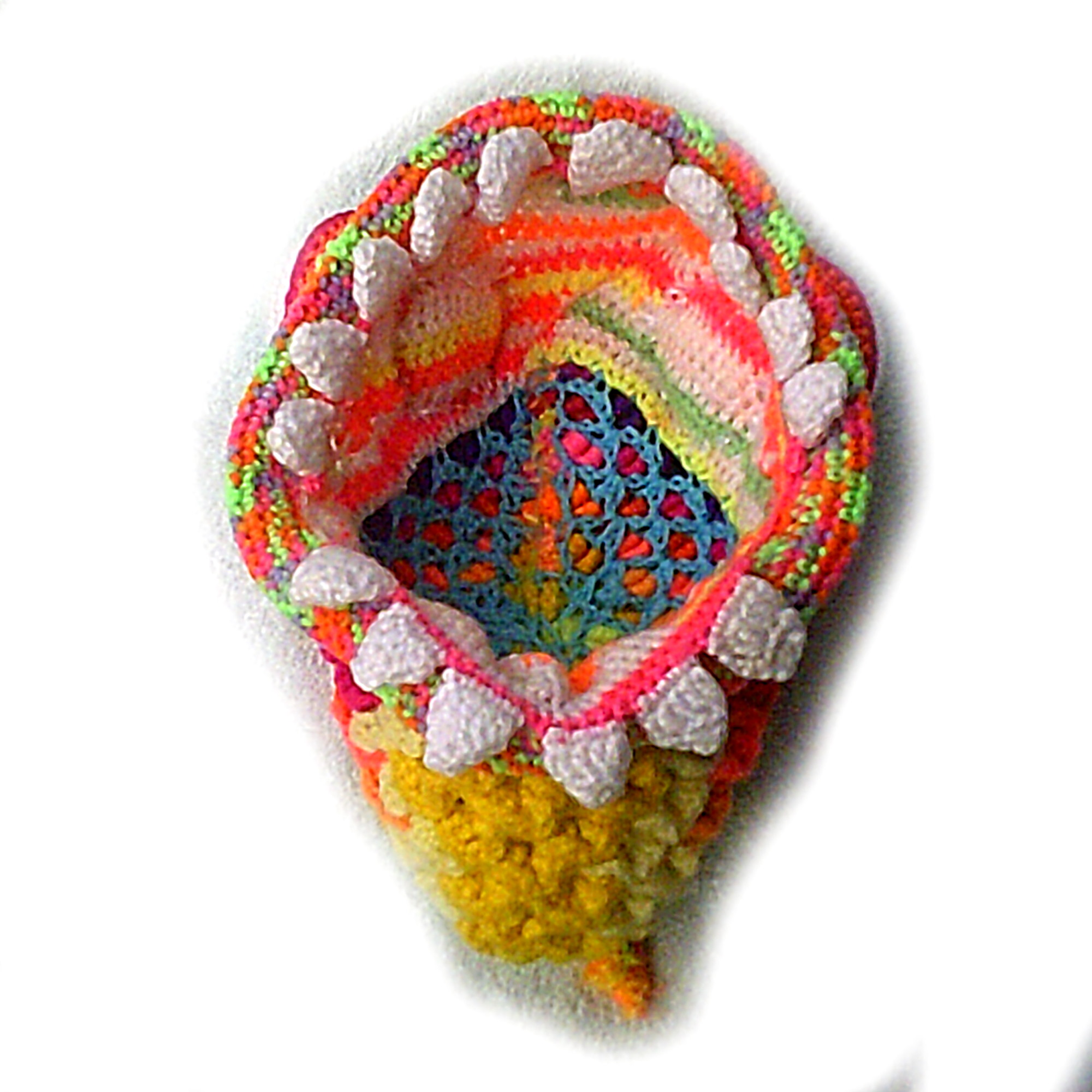 Yellow bellied toothy fluoro rainbow crochet fish hat- Oscar