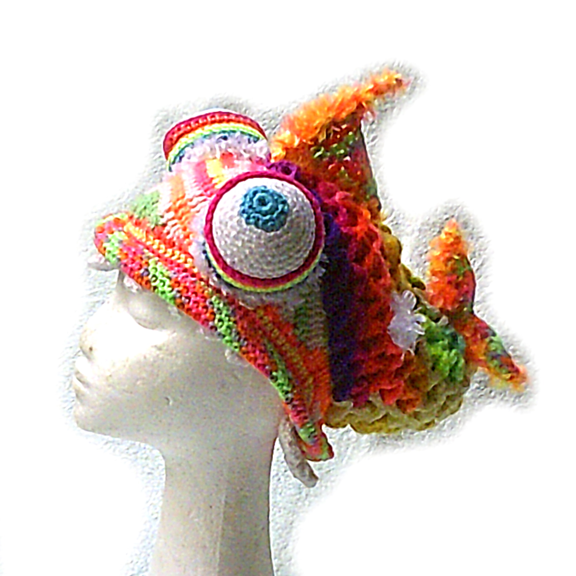 Yellow bellied toothy fluoro rainbow crochet fish hat- Oscar