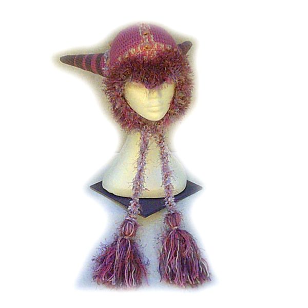 Heart Raker, a pink and purple crochet viking style ear flap hat