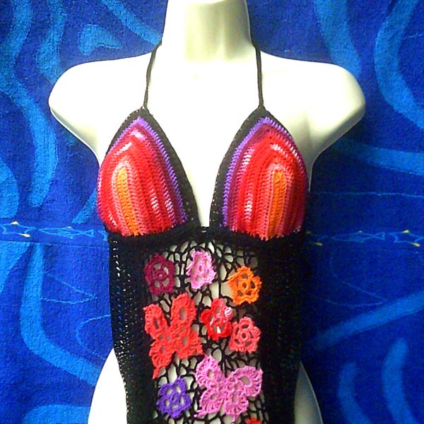 Butterfly n Bead Irish Crochet one piece monokini swimsuit in fine pure cotton- large to extra large in size. Black, red, pink, orange and purple.
