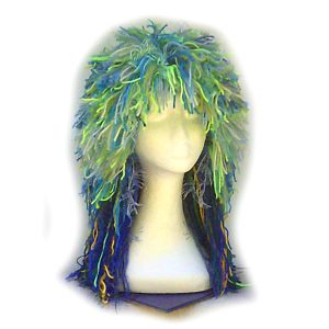 The Mermaid's Mane, a blue, green and yellow handmade crochet mullet wig beanie