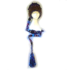 Misty Mystique long tailed stocking cap in blue, black, purple and ochre touched with silver glitz