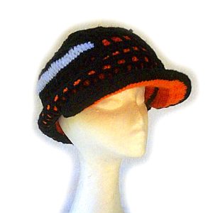 Black and orange crochet hard hat by Lisa Wiseman for Liddell WORKS Project