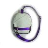 The bag has a high quality, removable, adjustable, synthetic webbing strap which is purple, shiny, and very comfortable to wear.