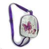 The embroidery on the leather sling bag's front features pink, purple and blue butterflies and French cursive script.