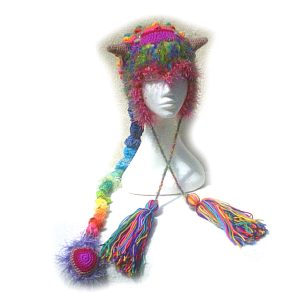 Pink Rainbow Imp hat- horned, long tailed crochet ear flap hat